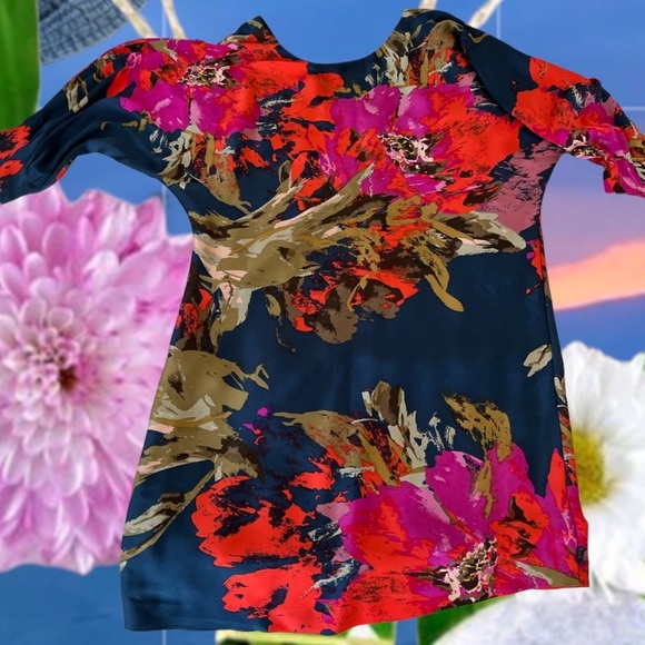 Trina Turk Red Blue Puff Sleeve Floral Silk Dress - Picture 2 of 6